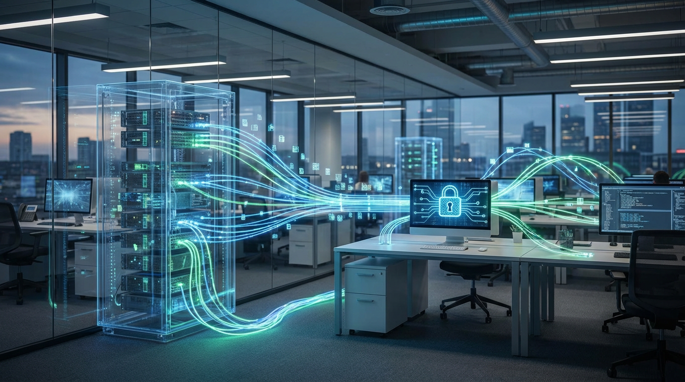 Data streams connecting a glowing server rack to a secure computer in a modern office.